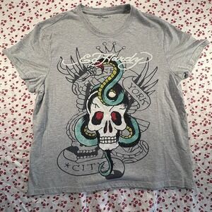 Ed Hardy Women's XL Gray Skull Snake New York City Graphic Print